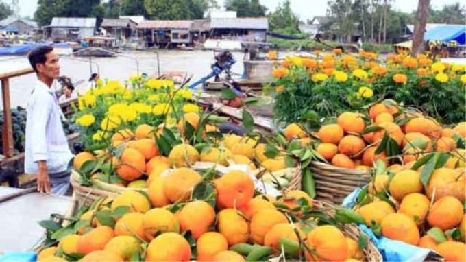 Trái cây bày bán tại chợ nổi Ba Ngàn, thị xã Ngã Bảy (Hậu Giang).